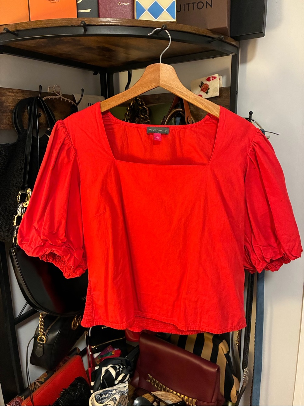 Vince Camuto Red Square-Neck Puff Sleeve Top